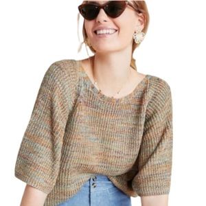 Anthropologie Green and Burnt Orange Knit Batwing Sweater - Women’s Size XS